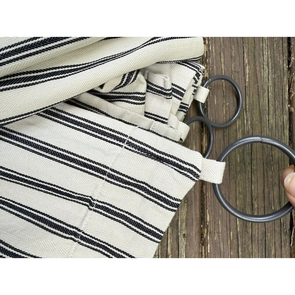 Pottery Barn Set of 2 Stripe Drapes Linen Blend Curtains 48“ X 79“  & Rings Blue